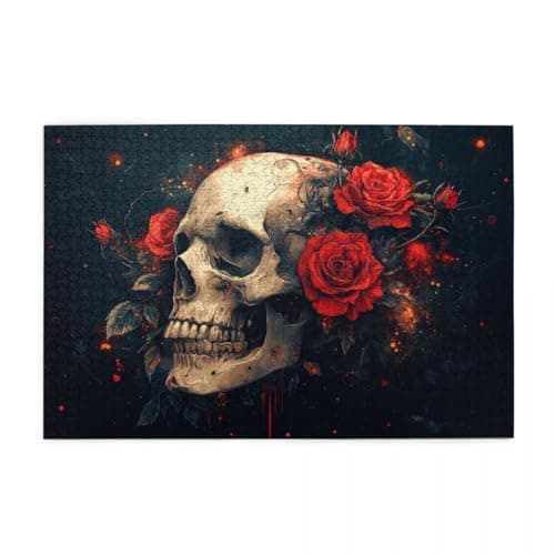 Image of Red Rose Skull Puzzles 1000 Pieces for Adults Educational Games jigsaw puzzles Challenging Puzzle Perfect for Game Nights