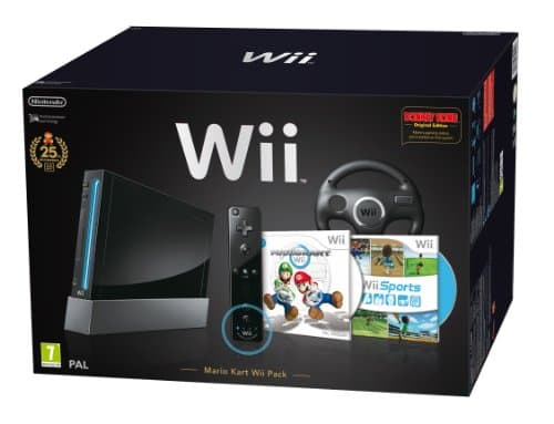 Image of Nintendo Wii Console (Black) with Wii Sports + Mario Kart and Black Wii Wheel + Motion Plus Controller (Wii)