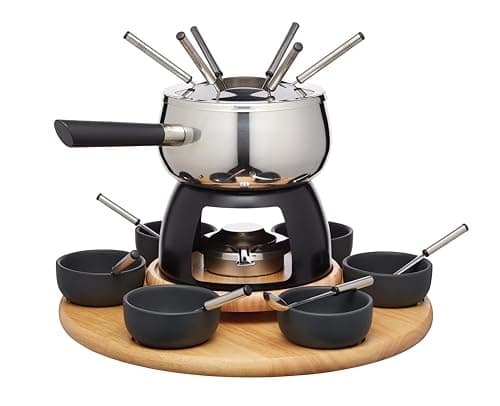 Image of Artesà Fondue Set with Lazy Susan Turntable, Stainless Steel Fondue Pot with Burner, Dip Pots and Utensils, 22 Piece Set, Black