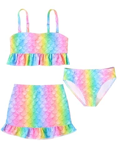 Image of Comfyouth Girls Swimming Costume Kids 3 Piece Girls Bikini Set Rainbow Swimsuit Adjustable Shoulder Strap Tankini with Skirt for 4-12 Years