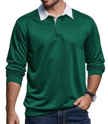 Image of Remxi Mens Long Sleeve Polo Shirt Casual Button Down Sweatshirts for Men Classic Rugby Shirts with Contrast Collar Green L