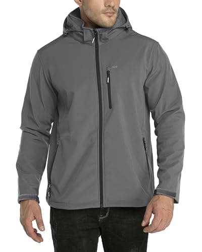 Image of 33,000ft Men's Waterproof Jackets Fleece Lining Softshell Jacket - Multi Pockets Outdoor Windproof Coat With Detachable Hood Grey/Black XL