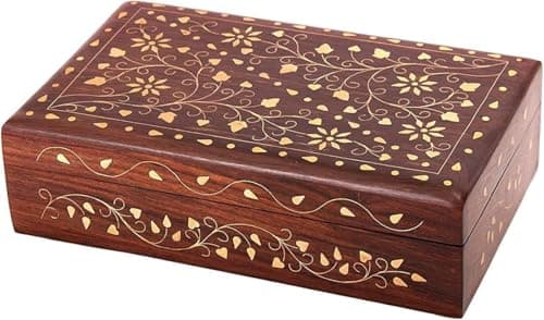 Image of STORE INDYA Handcrafted Decorative Wooden Trinket Jewelry Box with Mughal Inspired Brass Inlay Floral Carvings Treasure Chest keepsake Boxes Jewellery Storage Organiser Great for Gifts - 20X13 CM