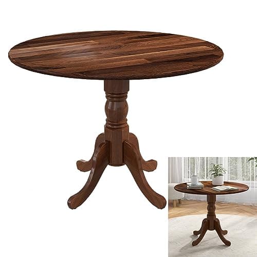 Image of GiantexUK Round Dining Table, 100CM Rubber Wood Kitchen Table with Large Tabletop, Curved Legs & Adjustable Foot Pads, 4 Seats Rustic Breakfast Desk for Dining Living Room Restaurant (Walnut)