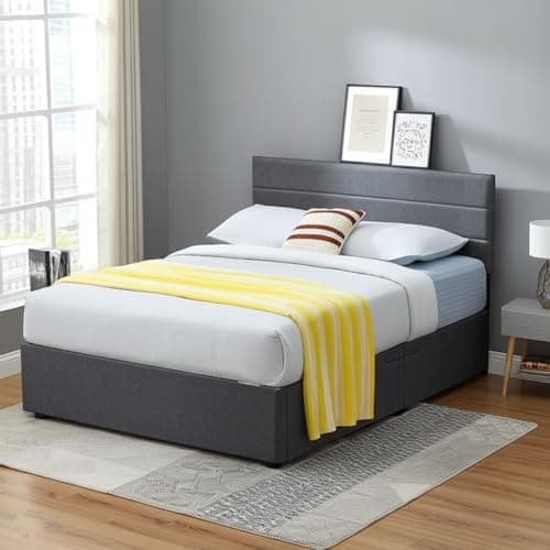 Image of Panana Upholstered Ottoman Double (4ft6) / King (5ft) Grey Linen Fabric Storage Bed, Gas Lift Up Bed Frame with Storage, End Opening Wooden Slats (Grey with Horizontal Headboard, King Size)