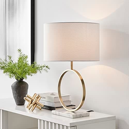 Image of Furniturebox UK Lighting - Saffron Marble, Gold Metal & Cream Shade (Including Bulb) - Modern Table Lamp - White Marble Base Gold Metal 'Halo' Stand - Cream Fabric Lampshade - Structural & Glam.
