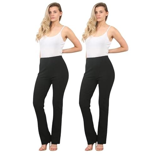 Image of Ladies Bootleg Stretch Trousers (Pack of 2) – Ribbed Elasticated Waist Pull On Work Pants – Size 8-26 UK – Nurse, Carer, Casual Bootcut Women’s Trousers UK-(Black 14W/27L)