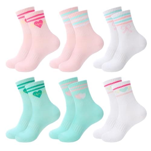 Image of Zuimei 6 Pairs Girls Cotton Crew Socks for Kids 6-9 Years Athletic Sports School Socks with Hearts and Stripes