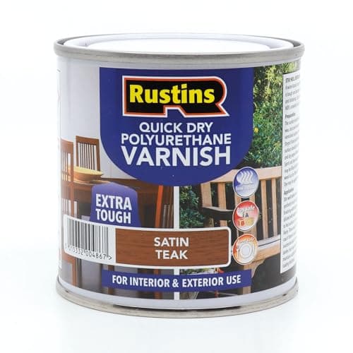 Image of RustinsQuick Dry Poly Varnish Satin Teak 250ml -Tough, Water-Based Clear Finish in Gloss, Matt or Satin; Durable Protection for Interior Wood, Furniture and Floors