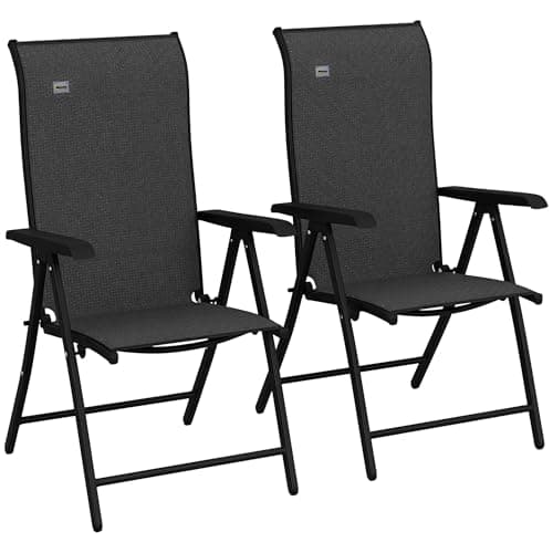 Image of Outsunny Set of 2 Outdoor Wicker Folding Chairs, Patio PE Rattan Dining Armrests Chair set with 7 Levels Adjustable Backrest, for Outdoors, Camping, Grey