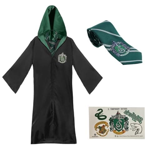 Image of Harry Potter Slytherin Kids Costume Set – Hogwarts Robe, Necktie & Temporary Tattoos – Children’s Fancy Dress Outfit for World Book Day & Parties