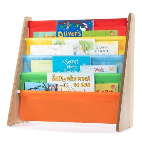 Image of LIVIVO Colorful Kids Bookshelf - 4 Tier Children's Bookcase, Magazine and Book Storage Rack, Wooden Sling Book Organizer, Book Shelf for Kids Room, Bedroom, Nursery, Playroom (Multi-colour)