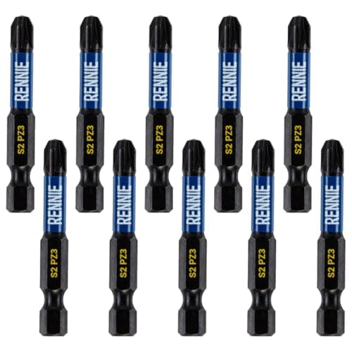 Image of 10 x Rennie Tools 50mm Long PZ3 Impact Screwdriver Driver Bits Set. Heavy Duty PoziDriv POZI No.3 Magnetic Screwdriver Bit Set. PZ3 Impact Driver Bits Pozidrive Screw Accessories.
