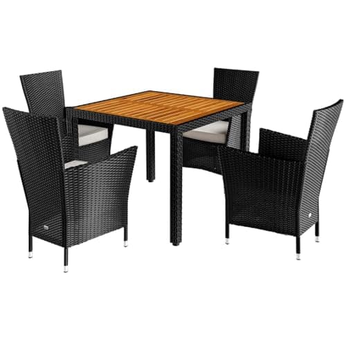 Image of CASARIA Poly Rattan Garden Furniture Set | Outdoor Dining Table and Chairs Set | 90x90cm Table Square | Stackable Chairs | Outdoor Balcony Patio | Acacia Wood & Rattan | Black Space Saving Bistro Set