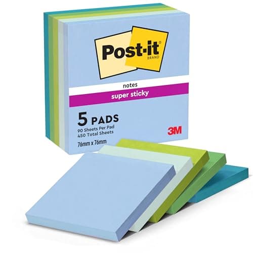 Image of Post-it Super Sticky Notes, 450 Sheets, Pack of 5 Pads, 76 mm x 76 mm - Holds Strong to Many Surfaces - Blue, Green - for Walls, Monitors and Fridge, Recycable