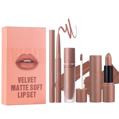 Image of Matte Lipstick Set - 3PCS Nude Brown Long Lasting Lipliner Pencil - All-IN-One Lip Filler Lip Liner Set - High Pigmented Velvet Lipgloss Makeup Set for Women Girls,Liquid Lip Stick for Daily Makeup