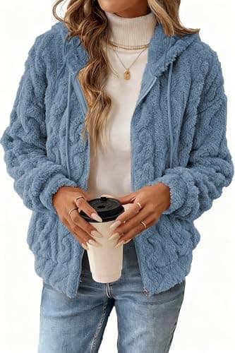 Image of Crsiphee Women's Teddy Fleece Hoodie Soft Fluffy Sherpa Jacket Warm Zip Up Long Sleeve Coat with Pockets for Autumn and Winter Blue S