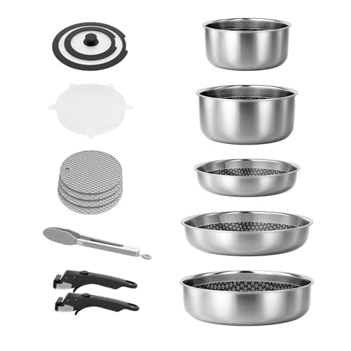 Image of Caannasweis Detachable Nonstick Cookware Set - Stackable Induction Pots and Pans With Removable Handles, Dishwasher Safe - For RV Camping, Oven and Stovetop Use, 5 Pieces (5 Pots Stainless Steel)
