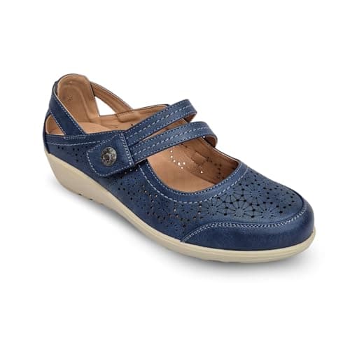 Image of Cushion Walk Wide Fit Ladies Mary Jane Comfort Shoes Womens EEE Loafer Sandals Wedge Summer Holiday Touch Strap UK 4-8 (Navy, UK Footwear Size System, Adult, Women, Numeric, X-Wide, 6)