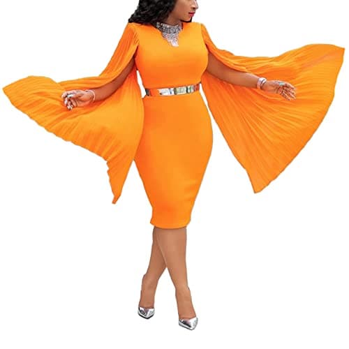 Image of VERWIN Long Sleeve Round Neck Patchwork Plain Women's Bodycon Dress Flare Sleeve Midi Dress (X-Large, Orange)