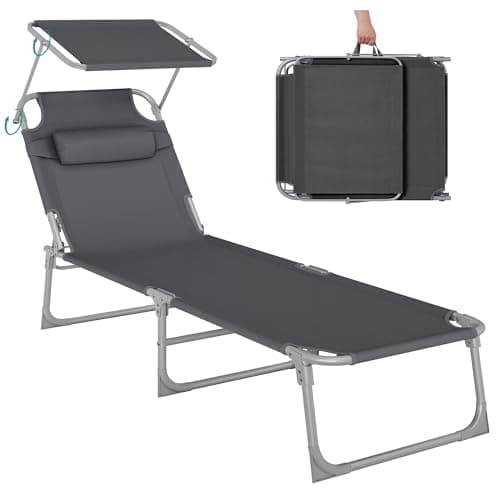 Image of SONGMICS Sun Lounger, Deck Chair Folding, Sunbed, 193 x 53 x 29 cm, Max. Load 150 kg, with Sunshade Headrest Adjustable Backrest, Reclining Sun Chair for Terrace Pool Garden, Dark Grey GCB19UV1