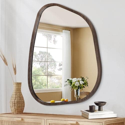 Image of HLFMVWE Asymmetrical Mirror Small 35 x 25 CM Irregular Wall Mirrors Modern Wood Frame Unique Shape Wall Mounted Vanity Artistic Mirrors Decorative for Living Room Bedroom Bathroom Entryway Hallway