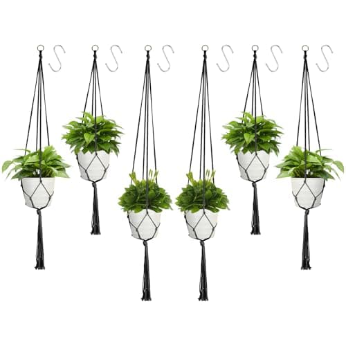 Image of Macrame plant hanger, 6 Pack Black Indoor Outdoor Hanging Planter Flower Pot Basket Hanging Cotton Rope Handmade Wall Hanging Plant Holders (60cm *2, 80CM *2, 100cm*2)