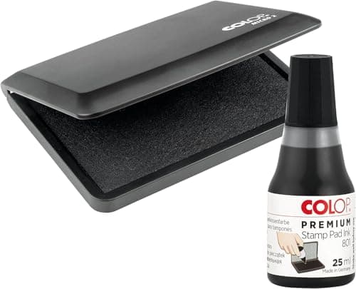 Image of COLOP Black Ink Pad & Ink Pad Refill 2 Pack - Suitable for Stamping Letters - Used for Crafting, Home and Office Use - 110mm x 70mm Stamp Pad & 25ml Ink