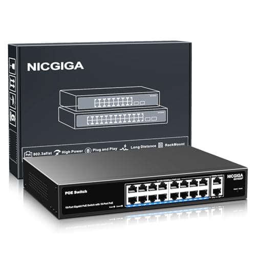 Image of 16 Port Gigabit PoE Switch Unmanaged, 16 Port PoE+@250W, 2 Gigabit Uplink Ports, NICGIGA 18 Port Gigabit Network Power Over Ethernet Switch, VLAN Mode, 19 inch RackMount, Plug and Play.