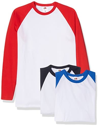 Image of Fruit of The Loom Men's Baseball Classic Long Sleeve T-Shirt Pack of 3, White Navy/White Red/White Royal Blue, Large