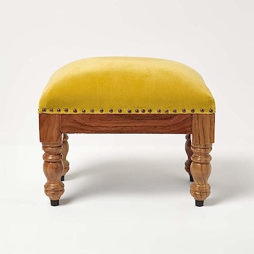 Image of HOMESCAPES Mustard Yellow Velvet Footstool 50 x 30 cm Rectangular Pouffe on Solid Wood Legs 40 cm Tall Ottoman Style Upholstered Footrest