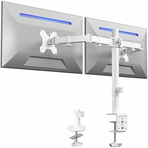 Image of VIVO White Dual 13 to 27 inch LCD LED Monitor Desk Mount Stand with C-clamp and Bolt-Through Grommet, Heavy Duty Fully Adjustable Arms for 2 Screens STAND-V002W