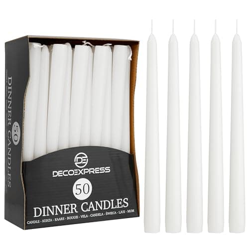 Image of DECO EXPRESS Candles Set, Pack of 50 Classic Dripless Tapered Metallic Dinner Candles, Unscented with 8 Hours Burning Time, Home, Valentine’s Day & Mother’s Day Decor Idea (White, 50 Pack)