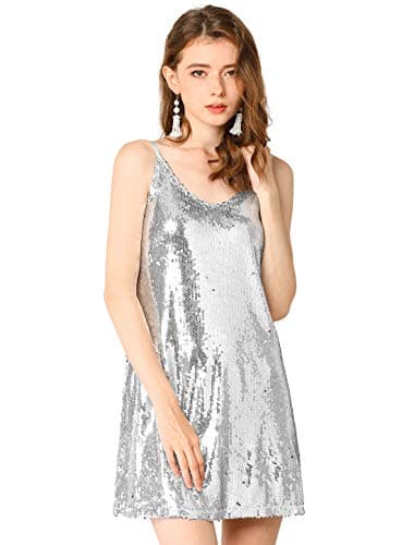 Image of Allegra K Women's Glitter Sequin Dress Spaghetti Strap V Neck Party Cocktail Sparkly Mini Dress Clubwear, Silver, M