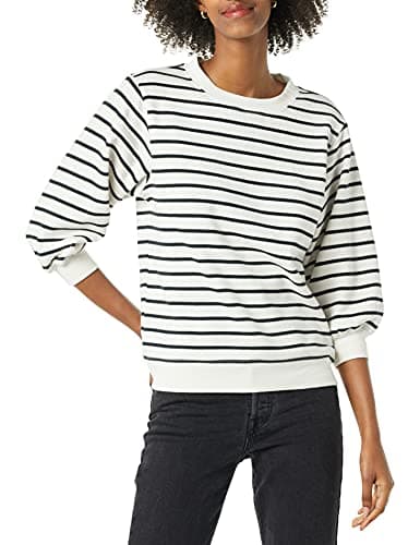 Image of Amazon Essentials Women's French Terry Fleece Crewneck Sweatshirt with Sleeve Detail, Black White Stripes, M