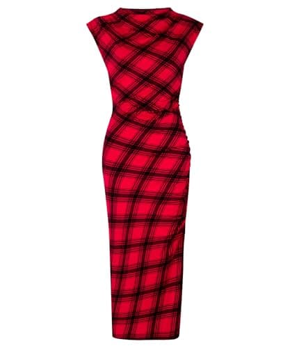 Image of Joe Browns Women's Cowl Neck Flocked Check Jersey Bodycon Midi Dress, Red, 18