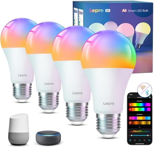 Image of Lepro AI Smart Bulb E27, 1100LM Music Sync WiFi Bulb, Voice Control Screw Light Bulbs, Personalized AI Lighting Designer, Colour Changing Bulb, Work with Alexa & Google Assistant, 4 Packs