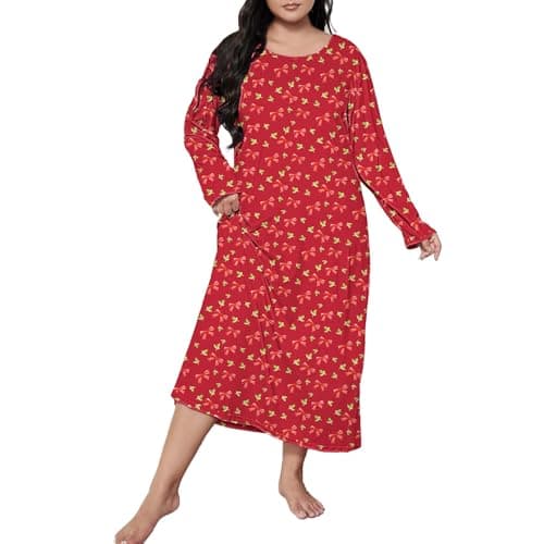 Image of BOTCAM Plus Size Casual Sleep Dress Women's Plus Cute Christmas Print Long Sleeve Round Neck Loose Nightdress Women's Nightdresses, Red (watermelon red), 5XL