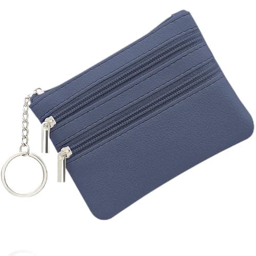 Image of SENLINLU Small Coin Purse, Leather Wallet, Credit Card Purse with Three Compartments, Zipper, Key Ring, Business Card, Mini Wallet for Women, Blue