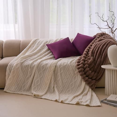 Image of OHS Fleece Blanket Extra Large Size Soft Cosy Cable Knit Throw Blanket Over Sofa Couch Lightweight Fluffy Warm Bed Throw Large Blankets for Women Men Kids, Cream - 230 x 270cm