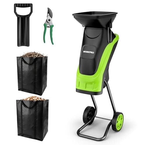 Image of WORKPRO Electric Garden Shredder with Pruning Shears, 2500W Mulcher 44 mm Fresh Branch Cutting Diameter Wood Chipper with 4300 RPM Speed, 2 x 45 L Collection Bag, Garden Waste Shredder