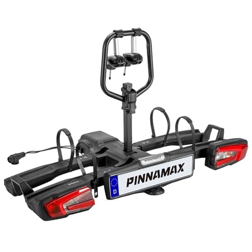 Image of PINNAMAX e-bike bike rack for 2 bikes – foldable and tiltable rear rack for tow bars, up to 60 kg – rear rack with anti-theft protection, rear light and number plate holder (Bicycle rack)