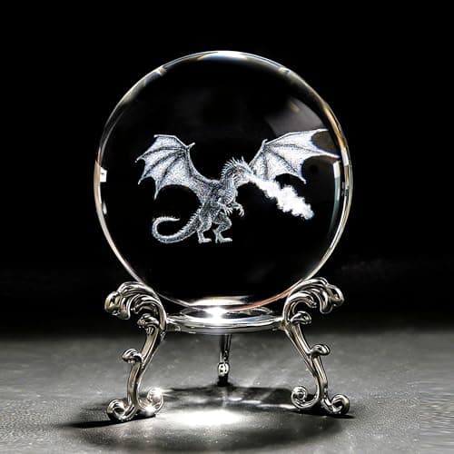 Image of HDCRYSTALGIFTS 60mm 3D Dragon Crystal Ball Figurine Gifts for Women Men Glass Laser Engraved Dragon Charizard Crystal Ball with Stand Paperweights Glass Sphere Ball Ornaments Decor Gifts for Lovers