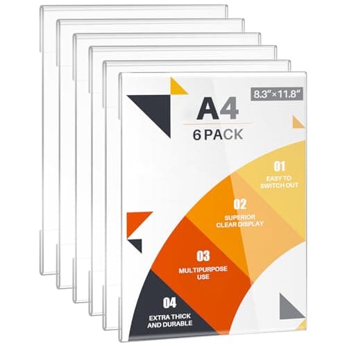 Image of WenYa A4 Acrylic Frame Wall Sign Holder (Portrait, 6-Pack) - Frameless Self-Adhesive Wall Poster Display Frame for Office, Store, Restaurant - No Drilling Needed, Clear Document Holder