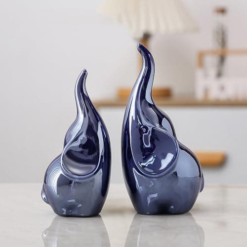 Image of Hosoncovy Ceramic Loving Elephant Statue Set of 2, Couple Elephants Ornaments Home Accessories Decorative Elephant Figurines Animals Figurine Porcelain Sculptures Birthday Presents (Dark Blue)