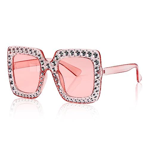Image of Jagowa 1 Piece Rhinestone Square Sunglasses, Large Frame Crystal Sunglasses Dress Costume Accessories for Women (Pink)
