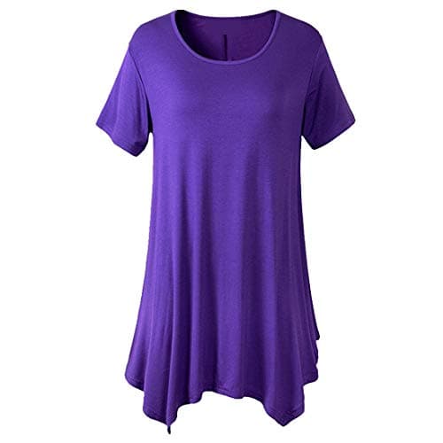 Image of Womens New Plain Uneven Dipped Hem Round Scoop Neck Ladies Short Sleeve Stretch Fit T-Shirt Top Women Casual Round Neck Pleated Tunic Tops Shirts Blouse T-Shirt Loose Solid Color Bottoming Shirt