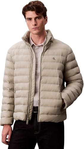 Image of Calvin Klein Men's LS NYLON LT WT HOODED FZ PUFFER LV04RC511G Jackets, KHAKI (Forest Fog), L