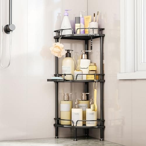 Image of SWTYMIKI Freestanding Shower Caddy Corner - 3 Tier Corner Shower Storage Organiser with 4 Hooks, Rust Free Standing Bathroom Corner Shelves no Drilling with Soap Holder, Black