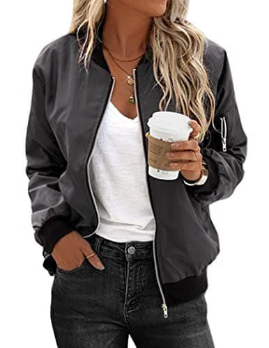 Image of Zeagoo Women's Bomber Jacket Casual Coat Zip Up Outerwear Windbreaker with Pockets S-XXL, Grey, M